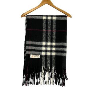 100% Cashmere Black Plaid Scarf Wrap With Fringe 80" X 29" Made In Inner Mongoli